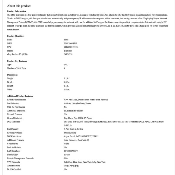 SMC Barricade SMC7004ABR 4 Port 10/100 Mbps Broadband Router - Picture 7 of 7